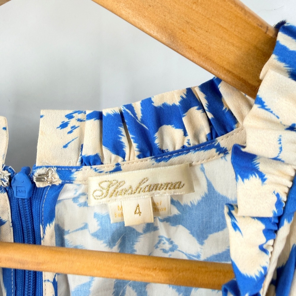 Shoshanna Floral Midi Dress Belted Ruffle‎ Hem Split Neck Blue Ivory Size 4 - Picture 4 of 8